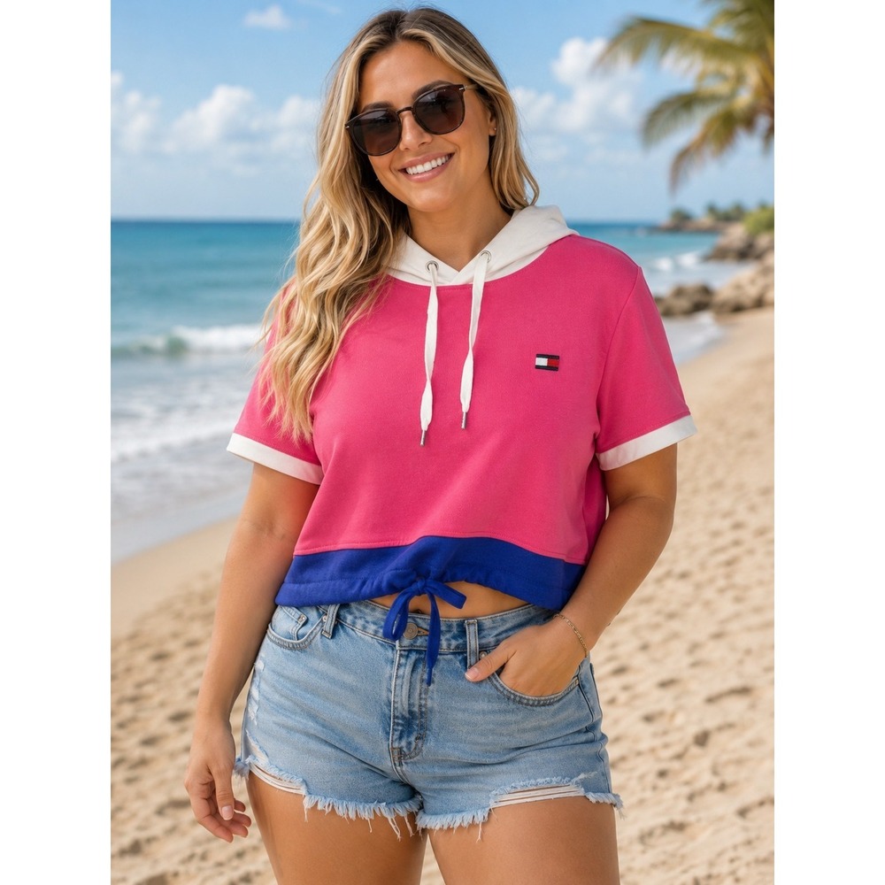 TOMMY HILFIGER Sport Women's Color Blocking XL Top With Hood Y2K Vibe - 357